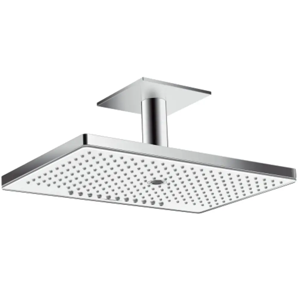 Hansgrohe Kopfbrause mit quadratischer Form und einem Deckenanschluss. Die Oberfläche ist in Chrom und Weiß gehalten, mit gleichmäßig angeordneten Auslassöffnungen.